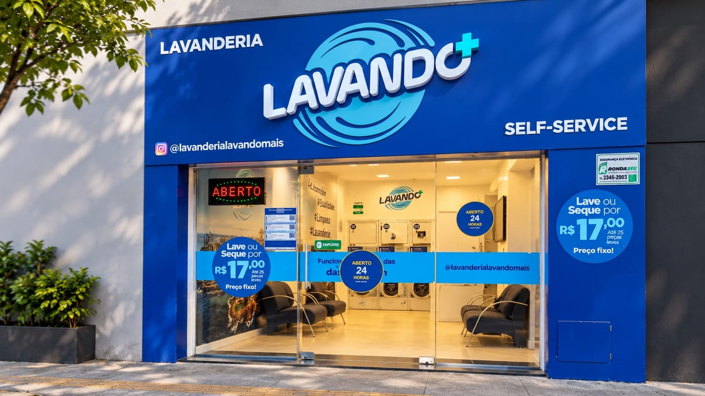 Fachada azul da Lavando Mais na Barra, com o letreiro LAVANDO+, o painel ABERTO aceso e os selos de preço na vitrine